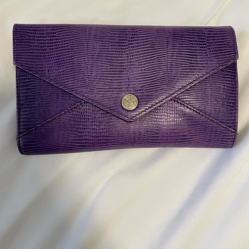 Rebecca Minksoff purple clutch with gold chain